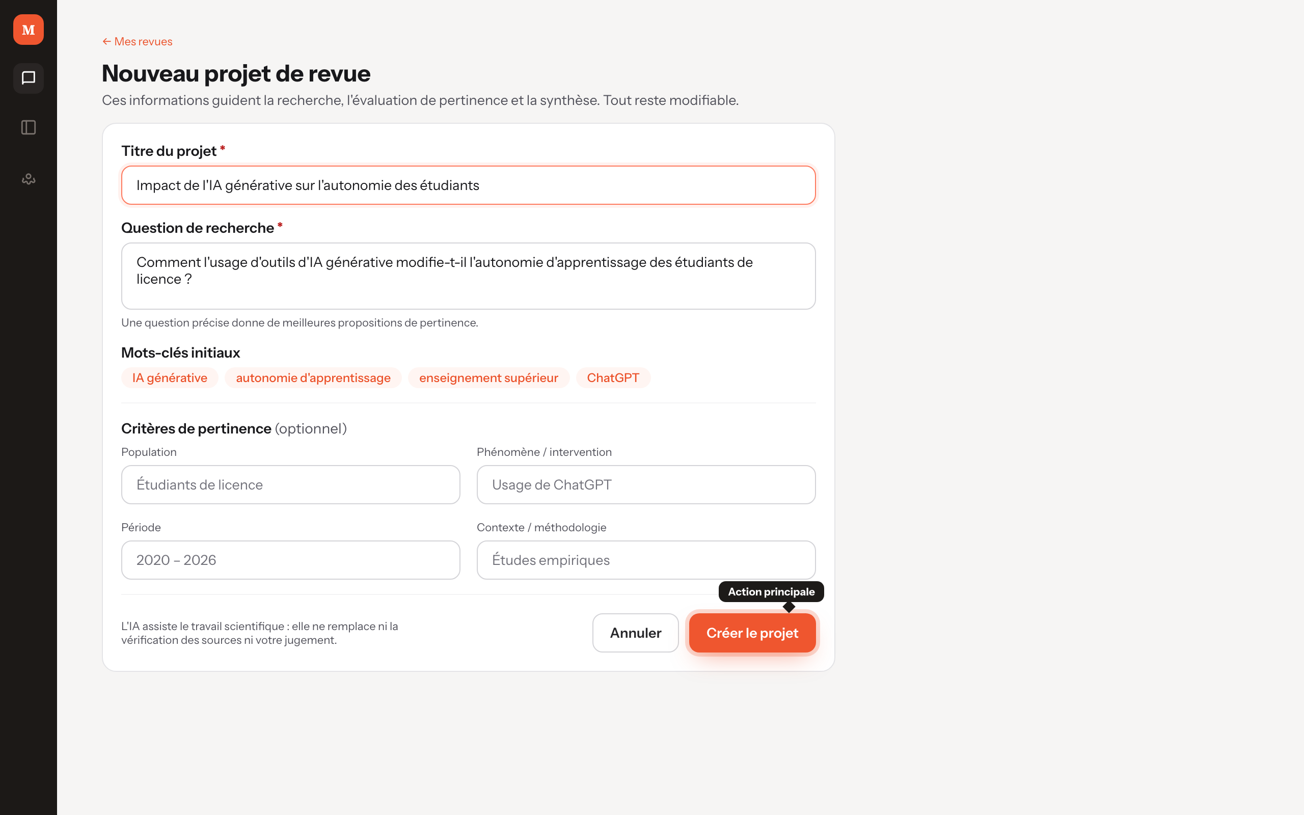 Formulaire de création de projet, bouton Créer le projet mis en avant