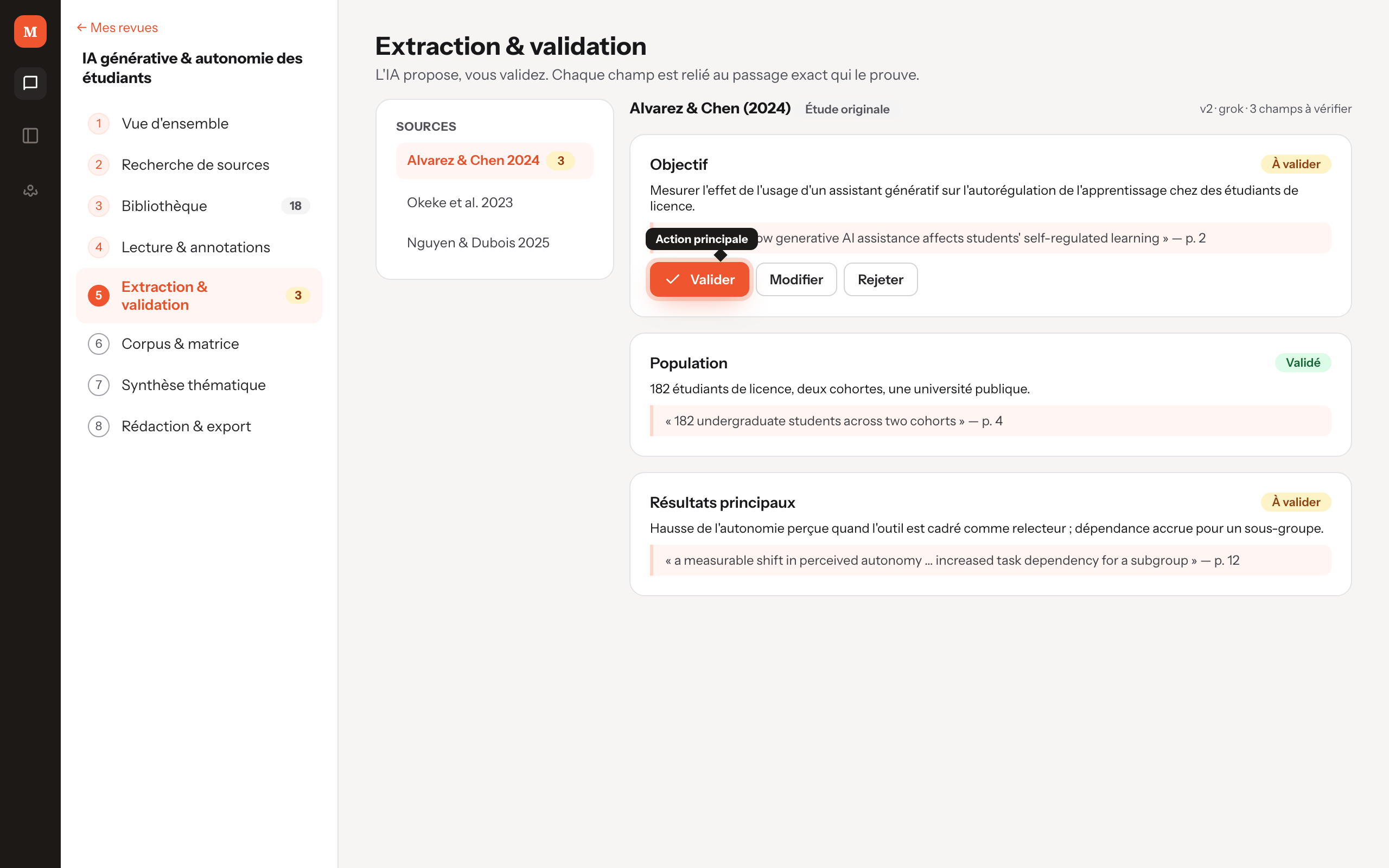 Écran d'extraction et validation, bouton Valider mis en avant