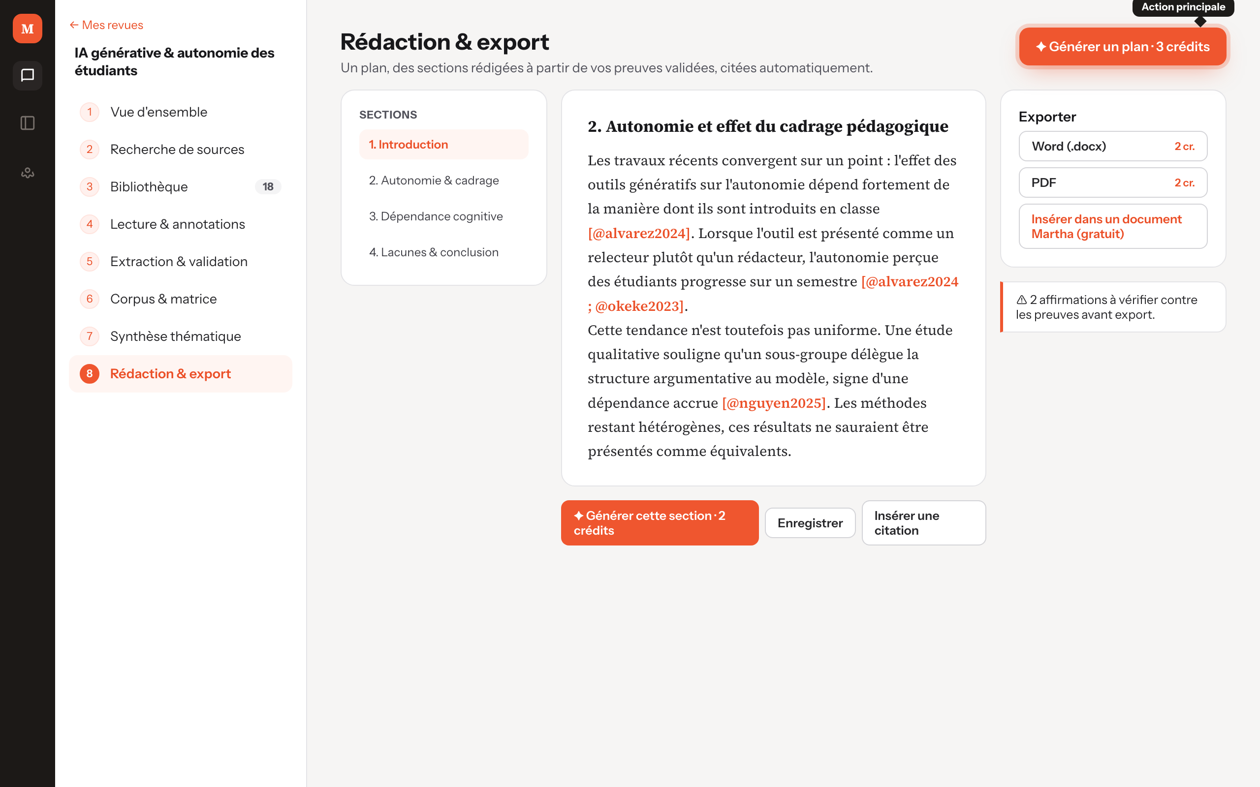 Rédaction et export, bouton Générer un plan mis en avant